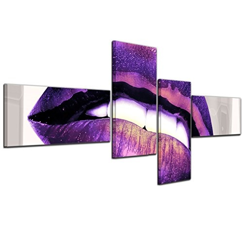 Wandbild - Abstrakte Kunst Lippen 07 - violett - Bild auf Leinwand - 200x90cm - 4teilig - Leinwandbilder - Urban & Graphic - Mund - Verführung - sexy - modern