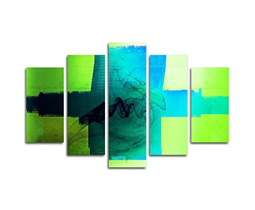 5 TEILIG (Gesamt Breite 150 x Höhe 100cm) Art Deco Abstrakt088 knalliges Leinwandbildtürkis blau grün zeitlose Wohnraum-Dekoration Kunstdruck