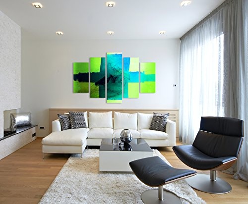 5 TEILIG (Gesamt Breite 150 x Höhe 100cm) Art Deco Abstrakt088 knalliges Leinwandbildtürkis blau grün zeitlose Wohnraum-Dekoration Kunstdruck