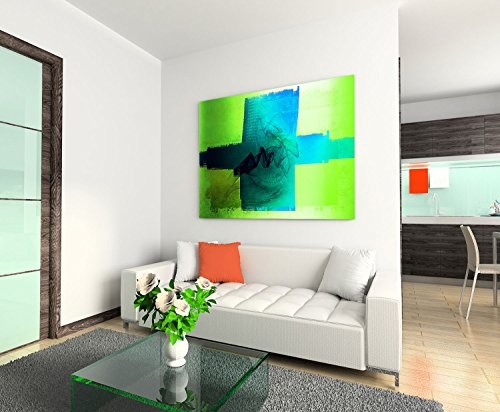 100x70cm LeinLeinwandbild Abstrakt088 knalliges Leinwandbildtürkis blau grün zeitlose Wohnraum-Dekoration Kunstdruck