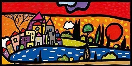 Rahmen-Kunst Keilrahmen-Bild - Wallas: Tramonto Sul Lago Leinwandbild Landschaft Bunt naiv Pop Sonnenuntergang See Dorf Häuser (65x130)