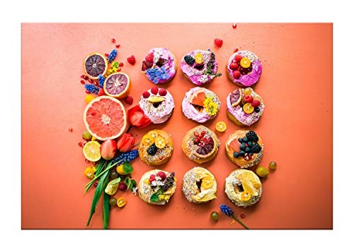 Wandhelden - modernes Leinwandbild auf Keilrahmen, verschiedene Größen (auch XXL) - in Thüringen gefertigt – Buntes Küchen-Bild: Gebäck mit Obst und Blumen - Foto Kunstdruck auf Leinwand (80 x 120 cm)