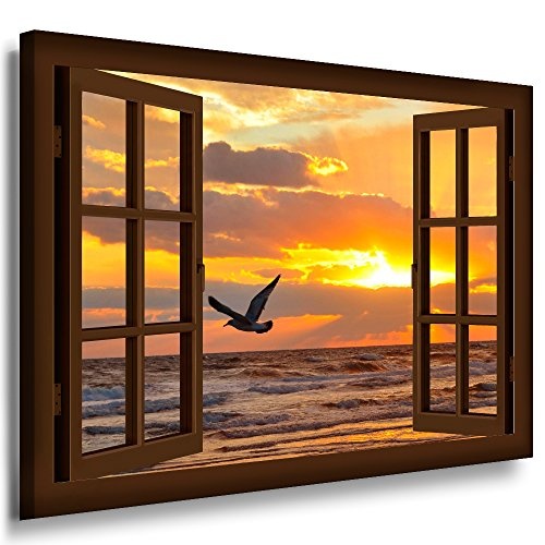 BOIKAL XXL09-12 Fensterblick Leinwand bild 3D Illusion - FERTIG GERAHMTE BILDER Kein POSTER ! ! Wandbild 100 x 80 cm Braun ! Farbe - Große 21 Variante wählbar ! Fenster Kunstdruck Landschaft Möwe, Meer Wellen