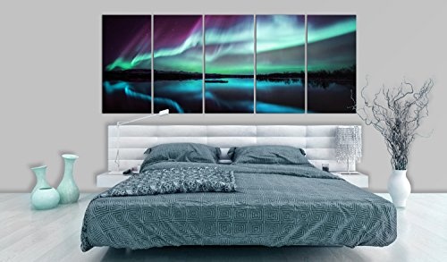 murando - Bilder Polarlicht 200x80 cm - Vlies Leinwandbild 5 Teilig Kunstdruck modern Wandbilder XXL Wanddekoration Design Wand Bild - Nordlicht Island Nacht c-B-0289-b-n