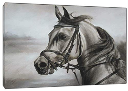 Leinwandbild, Motiv weißes Pferd, gezeichnet mit anthrazitfarbenem Pastell, auf gerahmtem Leinwand, Wanddekoration, 30 x 20 inch(76x 50 cm) -38mm depth
