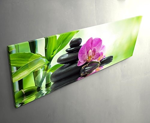 Paul Sinus Art Leinwandbilder | Bilder Leinwand 120x40cm Pinke Orchideen Schwarze Steine und Bambus auf Dem Wasser