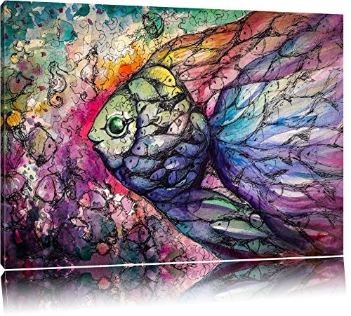 Bunte Fische Kunst Format: 100x70 auf Leinwand, XXL riesige Bilder fertig gerahmt mit Keilrahmen, Kunstdruck auf Wandbild mit Rahmen, günstiger als Gemälde oder Ölbild, kein Poster oder Plakat