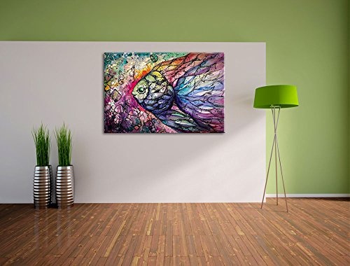 Bunte Fische Kunst Format: 100x70 auf Leinwand, XXL riesige Bilder fertig gerahmt mit Keilrahmen, Kunstdruck auf Wandbild mit Rahmen, günstiger als Gemälde oder Ölbild, kein Poster oder Plakat