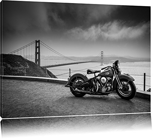 Pixxprint Motorrad an Golden Gate Bridge 120x80cm Leinwandbild Wandbild Kunstdruck