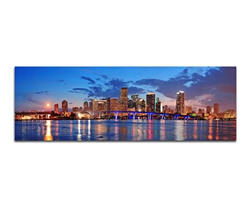 Paul Sinus Art Panoramabild auf Leinwand und Keilrahmen 150x50cm Miami Skyline Wasser Spiegelung Dämmerung