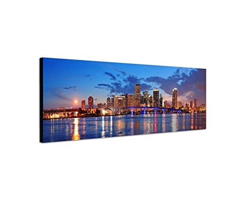 Paul Sinus Art Panoramabild auf Leinwand und Keilrahmen 150x50cm Miami Skyline Wasser Spiegelung Dämmerung