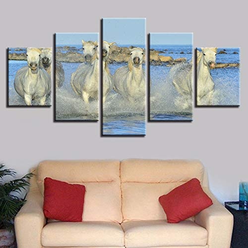 CNCN Fünf Leinwandbilder Home Wandkunst Moderne HD Print Decor Bild 5 Stück Tiere White Horse In The Water Running Landschaft Modular Canvas Paintings