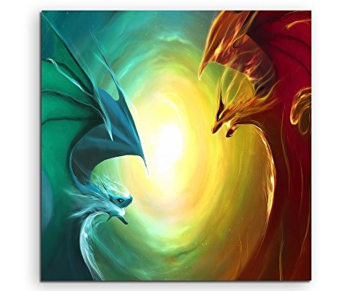 Fire Dragon vs Water Dragon Leinwandbild in 60x60cm Made in Germany! Preiswerter fertig gerahmter Kunst-Druck zum Aufhängen - tolles und einzigartiges Motiv. Kein Poster oder Plakat!