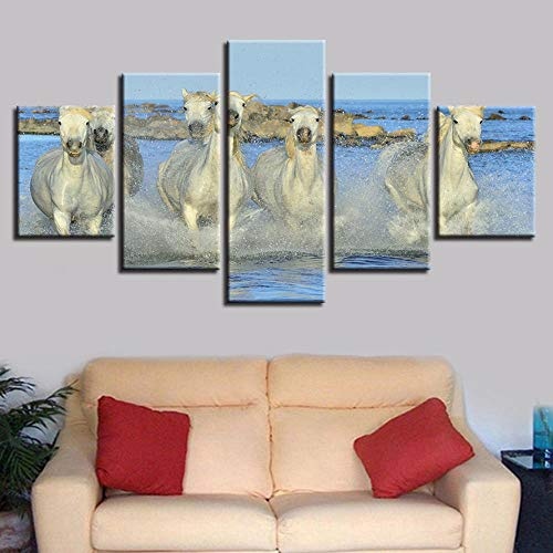 Cyalla Home Wandkunst Moderne HD Print Decor Bild 5 Stück Tiere White Horse In The Water Running Landschaft Modular Canvas Paintings-20x35cmx2 20x45cmx2 20x55cmx1