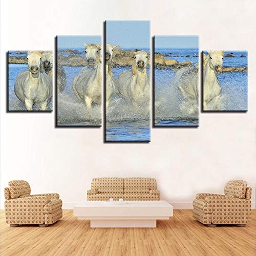 Cyalla Home Wandkunst Moderne HD Print Decor Bild 5 Stück Tiere White Horse In The Water Running Landschaft Modular Canvas Paintings-20x35cmx2 20x45cmx2 20x55cmx1