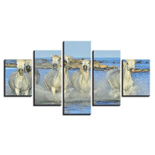 Cyalla Home Wandkunst Moderne HD Print Decor Bild 5 Stück Tiere White Horse In The Water Running Landschaft Modular Canvas Paintings-20x35cmx2 20x45cmx2 20x55cmx1