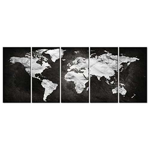 decomonkey Bilder Weltkarte schwarz 200x80 cm 5 Teilig Leinwandbilder Bild auf Leinwand Vlies Wandbild Kunstdruck Wanddeko Wand Wohnzimmer Wanddekoration Deko grau Welt Karte Kontinente Landkarte