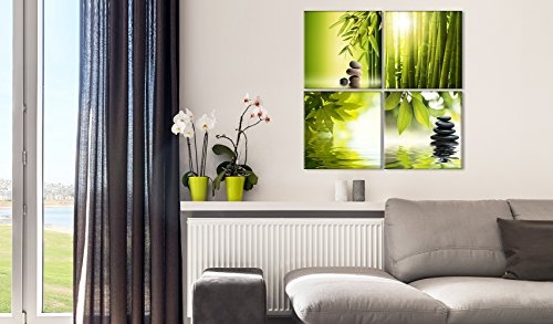 murando - Bilder Zen 40x40 cm - Vlies Leinwandbild - 4 TLG - Kunstdruck - modern - Wandbilder XXL - Wanddekoration - Design - Wand Bild - Canvas - Natur Wasser Bambus Steine grün 9060095