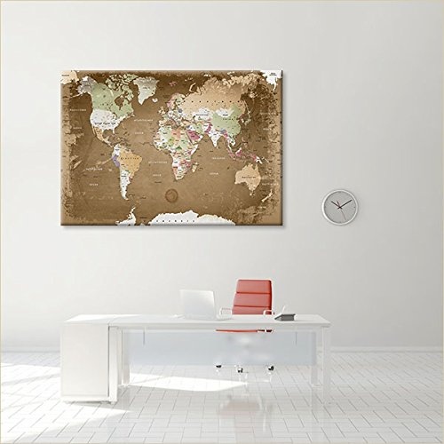LANA KK - Weltkarte Leinwandbild mit Korkrückwand zum pinnen der Reiseziele - "Weltkarte Oldstyle" - deutsch - Kunstdruck-Pinnwand Globus in braun, einteilig & fertig gerahmt in 120x80cm