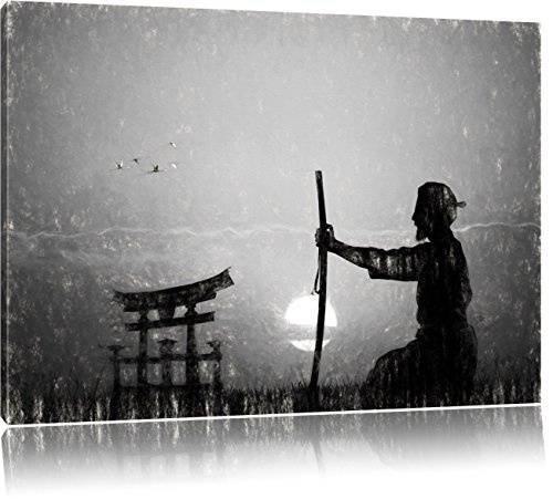 alter Samurai-Meister vor Horizont Kunst Kohle Effekt, Format: 120x80 auf Leinwand, XXL riesige Bilder fertig gerahmt mit Keilrahmen, Kunstdruck auf Wandbild mit Rahmen, günstiger als Gemälde oder Ölbild, kein Poster oder Plakat