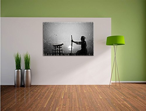 alter Samurai-Meister vor Horizont Kunst Kohle Effekt, Format: 120x80 auf Leinwand, XXL riesige Bilder fertig gerahmt mit Keilrahmen, Kunstdruck auf Wandbild mit Rahmen, günstiger als Gemälde oder Ölbild, kein Poster oder Plakat