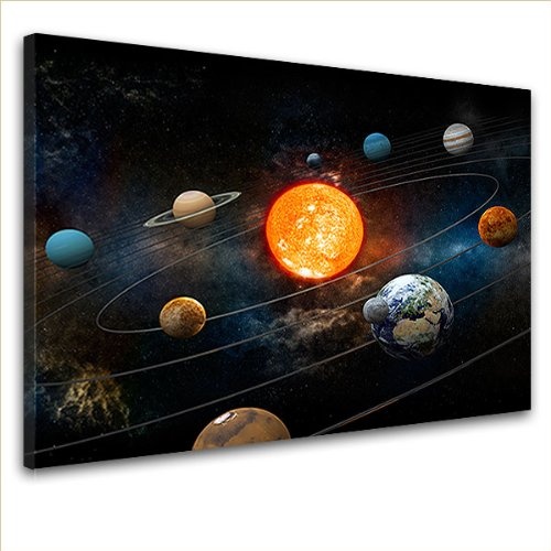 LANA KK - Leinwandbild "Sonnensystem" Weltall & Sterne auf Echtholz-Keilrahmen – Fotoleinwand-Kunstdruck in schwarz, einteilig & fertig gerahmt in 100x70cm