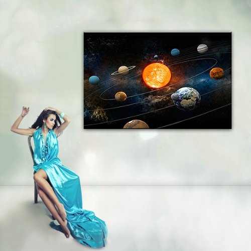 LANA KK - Leinwandbild "Sonnensystem" Weltall & Sterne auf Echtholz-Keilrahmen – Fotoleinwand-Kunstdruck in schwarz, einteilig & fertig gerahmt in 100x70cm
