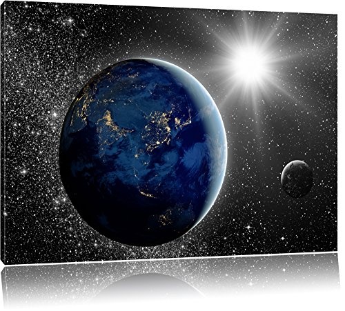 Erde mit Sonne im Weltall schwarz/weiß Format: 120x80 auf Leinwand, XXL riesige Bilder fertig gerahmt mit Keilrahmen, Kunstdruck auf Wandbild mit Rahmen, günstiger als Gemälde oder Ölbild, kein Poster oder Plakat