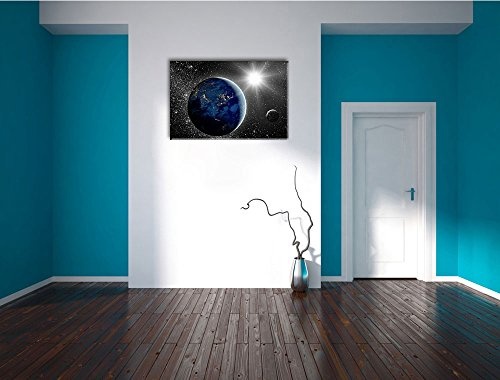 Erde mit Sonne im Weltall schwarz/weiß Format: 120x80 auf Leinwand, XXL riesige Bilder fertig gerahmt mit Keilrahmen, Kunstdruck auf Wandbild mit Rahmen, günstiger als Gemälde oder Ölbild, kein Poster oder Plakat