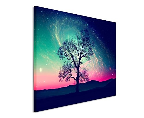 Paul Sinus Art Kunstfoto auf Leinwand 60x40cm Künstlerische Fotografie - Baumsilhouette vor Milchstraße auf Leinwand Exklusives Wandbild Moderne Fotografie für Ihre Wand in Vielen Größen