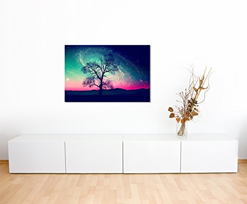 Paul Sinus Art Kunstfoto auf Leinwand 60x40cm Künstlerische Fotografie - Baumsilhouette vor Milchstraße auf Leinwand Exklusives Wandbild Moderne Fotografie für Ihre Wand in Vielen Größen