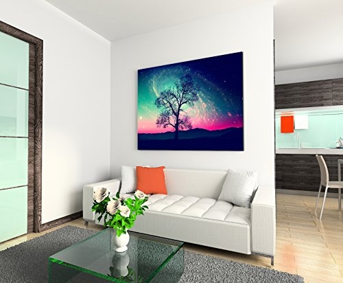 Paul Sinus Art Kunstfoto auf Leinwand 60x40cm Künstlerische Fotografie - Baumsilhouette vor Milchstraße auf Leinwand Exklusives Wandbild Moderne Fotografie für Ihre Wand in Vielen Größen