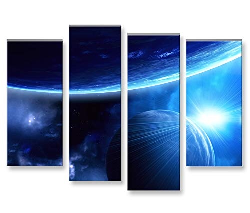 islandburner Bild Bilder auf Leinwand Blue Space V2 Weltall Planeten Weltraum 4er XXL Poster Leinwandbild Wandbild Dekoartikel Wohnzimmer Marke