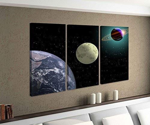 Leinwandbild 3 tlg Weltall Erde Planet Planeten All Mond Bild Bilder Leinwand Leinwandbilder Holz Wandbild mehrteilig 9W391, 3 tlg BxH:120x80cm (3Stk 40x 80cm)