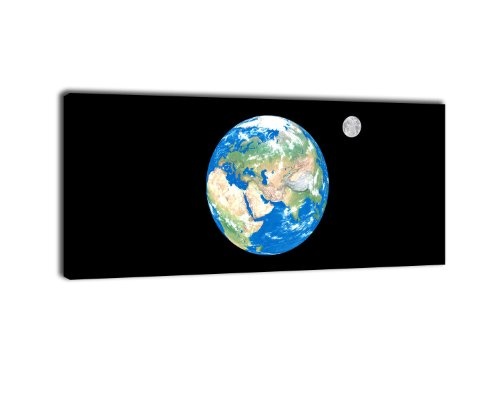 Leinwandbild Panorama Nr. 331 Erde mit Mond 100x40cm, Keilrahmenbild, Bild auf Leinwand, Space Weltall Nacht