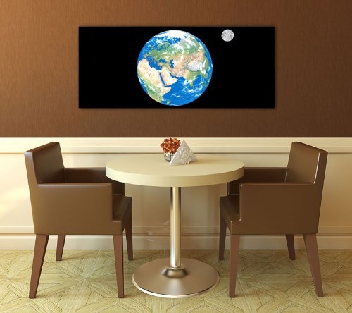 Leinwandbild Panorama Nr. 331 Erde mit Mond 100x40cm, Keilrahmenbild, Bild auf Leinwand, Space Weltall Nacht