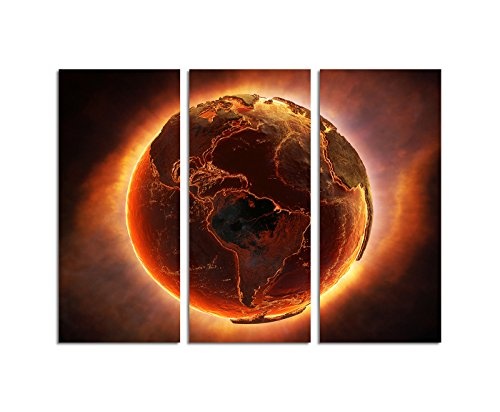 130x90cm – KUNSTDRUCK brennender Planet Erde Weltall 3teiliges Wandbild auf Leinwand und Keilrahmen - Fotobild Kunstdruck Artprint
