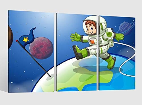 Leinwandbild 3 tlg Kinderzimmer Cartoon Astronaut Weltall Kat2 Erde Junge Bild Leinwand Leinwandbilder Wandbild 9AB1494, 3 tlg BxH:90x60cm (3Stk 30x 60cm)