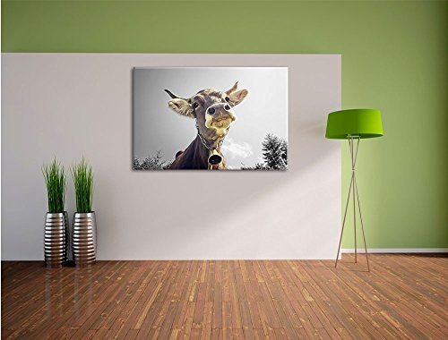 Lustiges Portrait einer Kuh B&W Detail, Format: 120x80 auf Leinwand, XXL riesige Bilder fertig gerahmt mit Keilrahmen, Kunstdruck auf Wandbild mit Rahmen, günstiger als Gemälde oder Ölbild, kein Poster oder Plakat