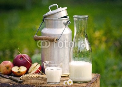 Leinwand-Bild 130 x 90 cm: "Milch, Milchkanne und Äpfel", Bild auf Leinwand