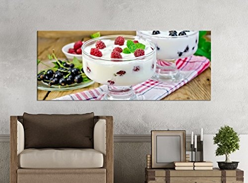 Leinwandbilder 1Tlg 100x40cm Joghurt Obst Beeren Himbeere Milch Leinwandbild Kunstdruck Wand Bilder Vlies Wandbild Leinwand Bild Druck 9Z961, Leinwandbild Größe:100x40cm