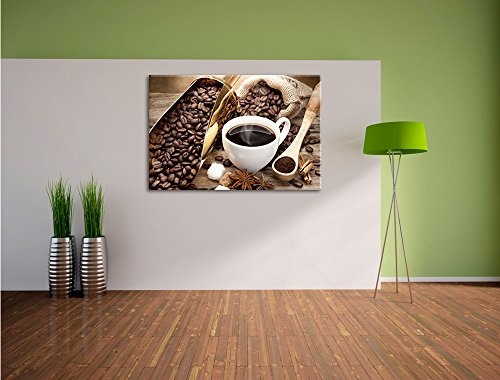 Edler Kaffee und Kaffebohnen Format: 60x40 auf Leinwand, XXL riesige Bilder fertig gerahmt mit Keilrahmen, Kunstdruck auf Wandbild mit Rahmen, günstiger als Gemälde oder Ölbild, kein Poster oder Plakat