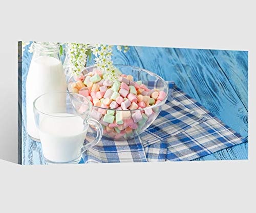 Leinwandbilder Essen Milch Frühstück blau Teller Piknik Küche Leinwand Bild Leinwandbild Wandbild Holz Esszimmer 9BD063, Leinwand Größe 1:80x40cm