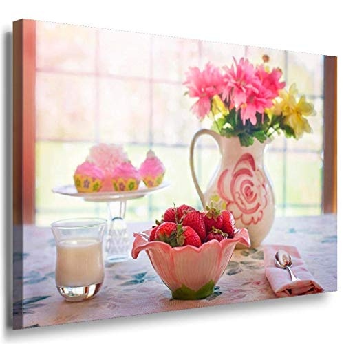 Morgen Frühstück Milch Blumen Leinwandbild / LaraArt Bilder / Leinwand Bild + Mehrfarbig + Kunstdruck XXL k14-7 Wandbild 150 x 100 cm