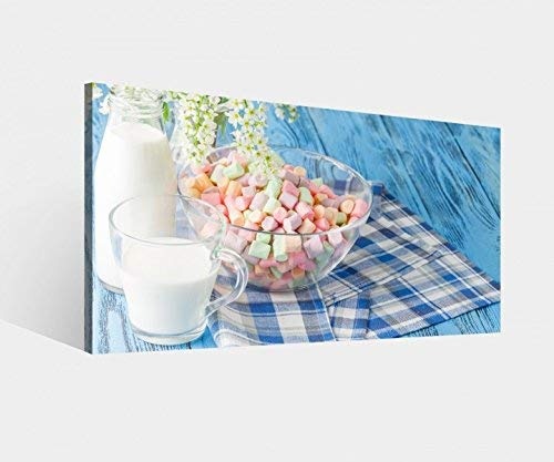 Leinwandbild Essen Milch Frühstück blau Teller Piknik Küche Leinwand Bild Bilder Wandbild Holz Leinwandbilder vom Hersteller 9W891, Leinwand Größe 1:60x30cm