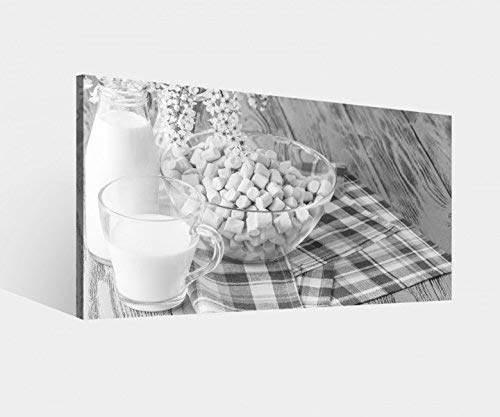 Leinwandbild Essen Milch Frühstück blau Teller Piknik Küche schwarz weiß Leinwand Bild Bilder Wandbild Holz Leinwandbilder vom Hersteller 9W1294, Leinwand Größe 1:40x20cm