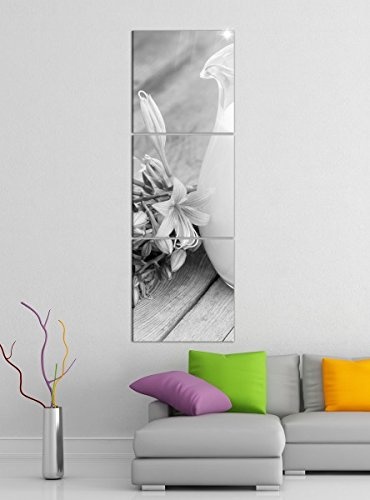 Leinwandbild 3tlg Milch Kanne weiß lila Blumen Holzbrett schwarz weiß Bilder Druck auf Leinwand Vertikal Bild Kunstdruck mehrteilig Holz 9YA5293, Vertikal Größe:Gesamt 30x90cm