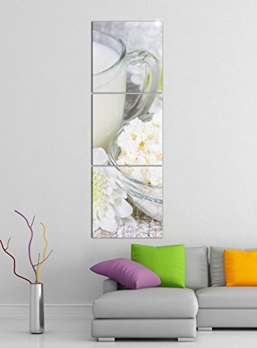 Leinwandbild 3tlg Milch Käse Blumen Blume grün weiß Bilder Druck auf Leinwand Vertikal Bild Kunstdruck mehrteilig Holz 9YA4310, Vertikal Größe:Gesamt 30x90cm