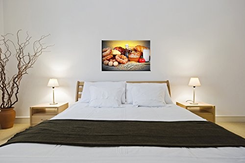 Berger Designs - Küchenbild Frühstück 40x60 cm auf Leinwand und Holzkeilrahmen (Küche, Frühstück, Glas Milch, Brötchen, Brezeln, Eier, üppig) - Beste Qualität, handgefertigt in Deutschland