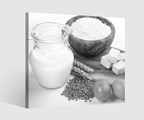 Leinwandbild 1Tlg Milch Eier Reis Frühstück Küche schwarz weiss Leinwand Bild Bilder Leinwandbilder Druck Holz gerahmt 9X989, BxH Format:40x40cm